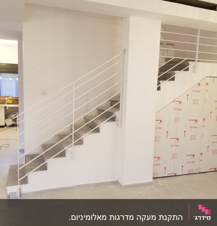 מעקה מתכת לבן על מדרגות בטון אפורות